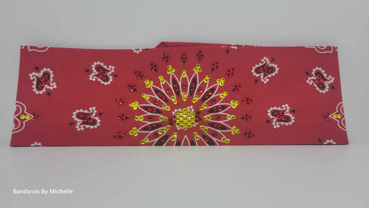 EXTRA BLING -Red Paisley Bandana with Yellow and Red Austrian Crystals (Sku6327)