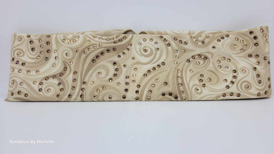 EXTRA BLING -Cream Swirls Bandana with Honey and Brown Austrian Crystals (Sku6323)