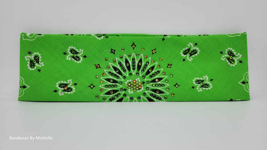 Lime Green Paisley Bandana with Vitrail and Dark Green Austrian Crystals (Sku6338)