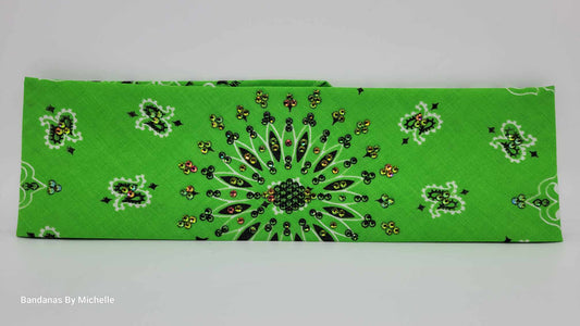 EXTRA BLING -Lime Green Paisley Bandana with Vitrail and Dark Green Austrian Crystals (Sku6339)