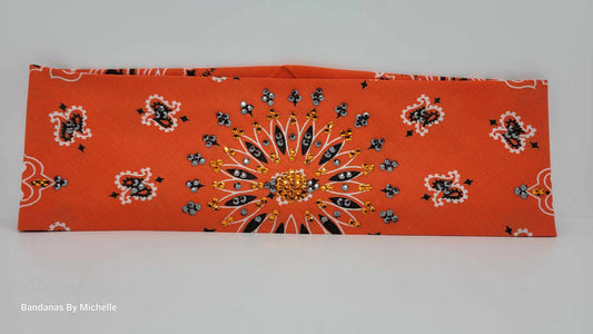 EXTRA BLING -Orange Paisley Bandana with Orange and Black Austrian Crystals (Sku6341)