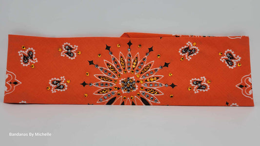 Orange Paisley Bandana with Orange and Black Austrian Crystals (Sku6342)