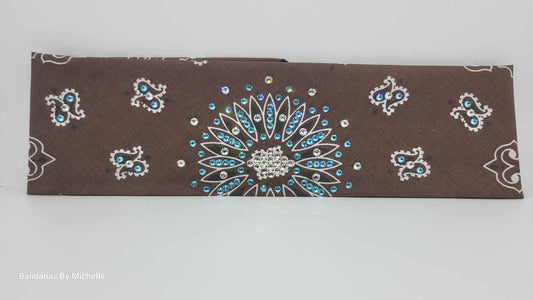 Brown Paisley Bandana with Aqua and Diamond Clear Austrian Crystals (Sku6344)