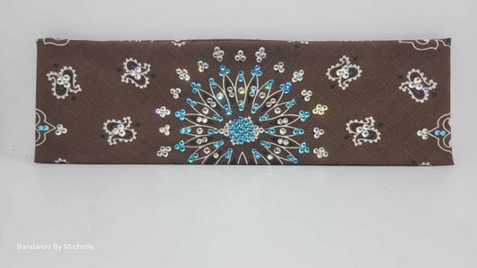 EXTRA BLING -Brown Paisley Bandana with Aqua and Diamond Clear Austrian Crystals (Sku6346)