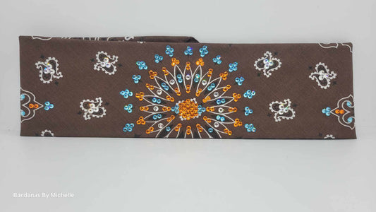 EXTRA BLING -Brown Paisley Bandana with Aqua, Sun and Diamond Clear Austrian Crystals (Sku6345)