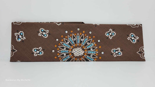 Brown Paisley Bandana with Aqua, Orange and Diamond Clear Austrian Crystals (Sku6347)