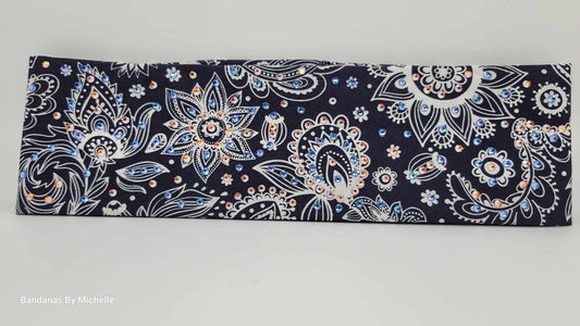 EXTRA BLING - Blue and White Flowers Bandana with Light Blue and Orange Shimmer Austrian Crystals (Sku6350)