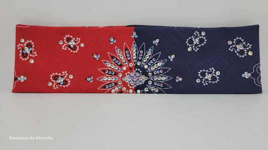 EXTRA BLING Bandana -Red and Blue Paisley Bandana with Siam Shimmer and Diamond Clear Austrian Crystals (Sku6353)