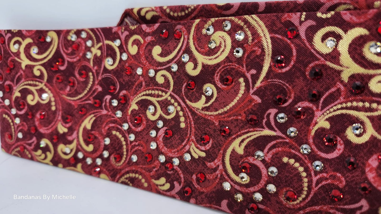 EXTRA BLING - Gold Scrolls Bandana on Red Bandana with Honey and Red Austrian Crystals (sku6358)