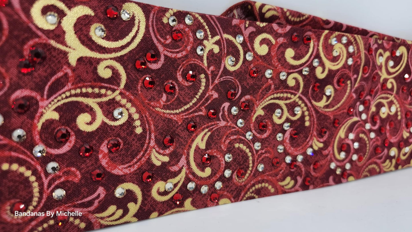 EXTRA BLING - Gold Scrolls Bandana on Red Bandana with Honey and Red Austrian Crystals (sku6358)