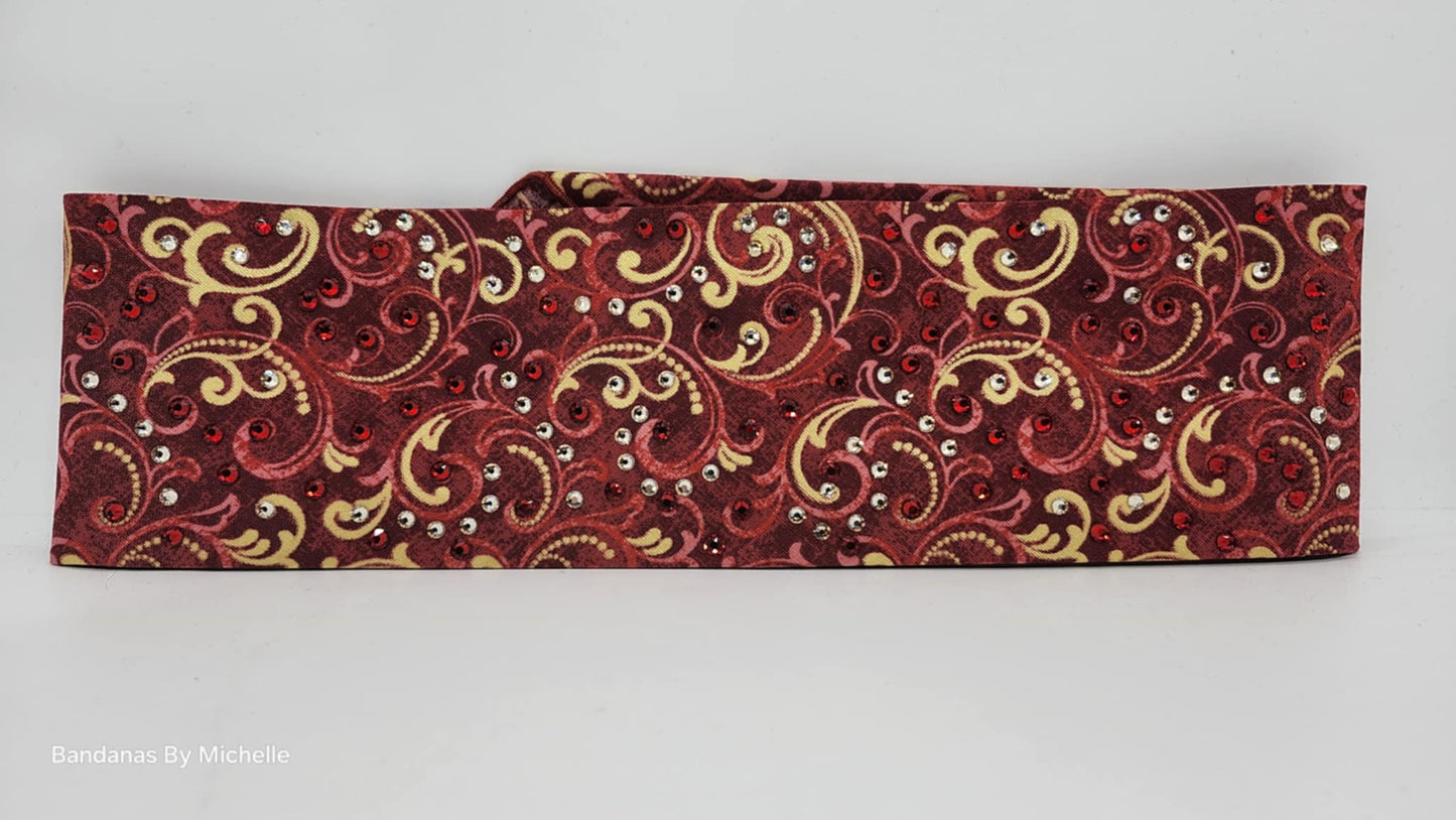 EXTRA BLING - Gold Scrolls Bandana on Red Bandana with Honey and Red Austrian Crystals (sku6358)