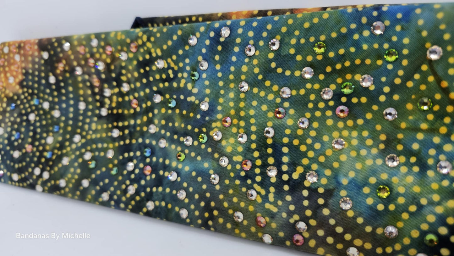 EXTRA BLING - Batik Green and Gold Dots Bandana with Honey, Lava and Vitrail Austrian Crystals (sku6359)