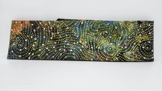 EXTRA BLING - Batik Green and Gold Dots Bandana with Honey, Lava and Vitrail Austrian Crystals (sku6359)