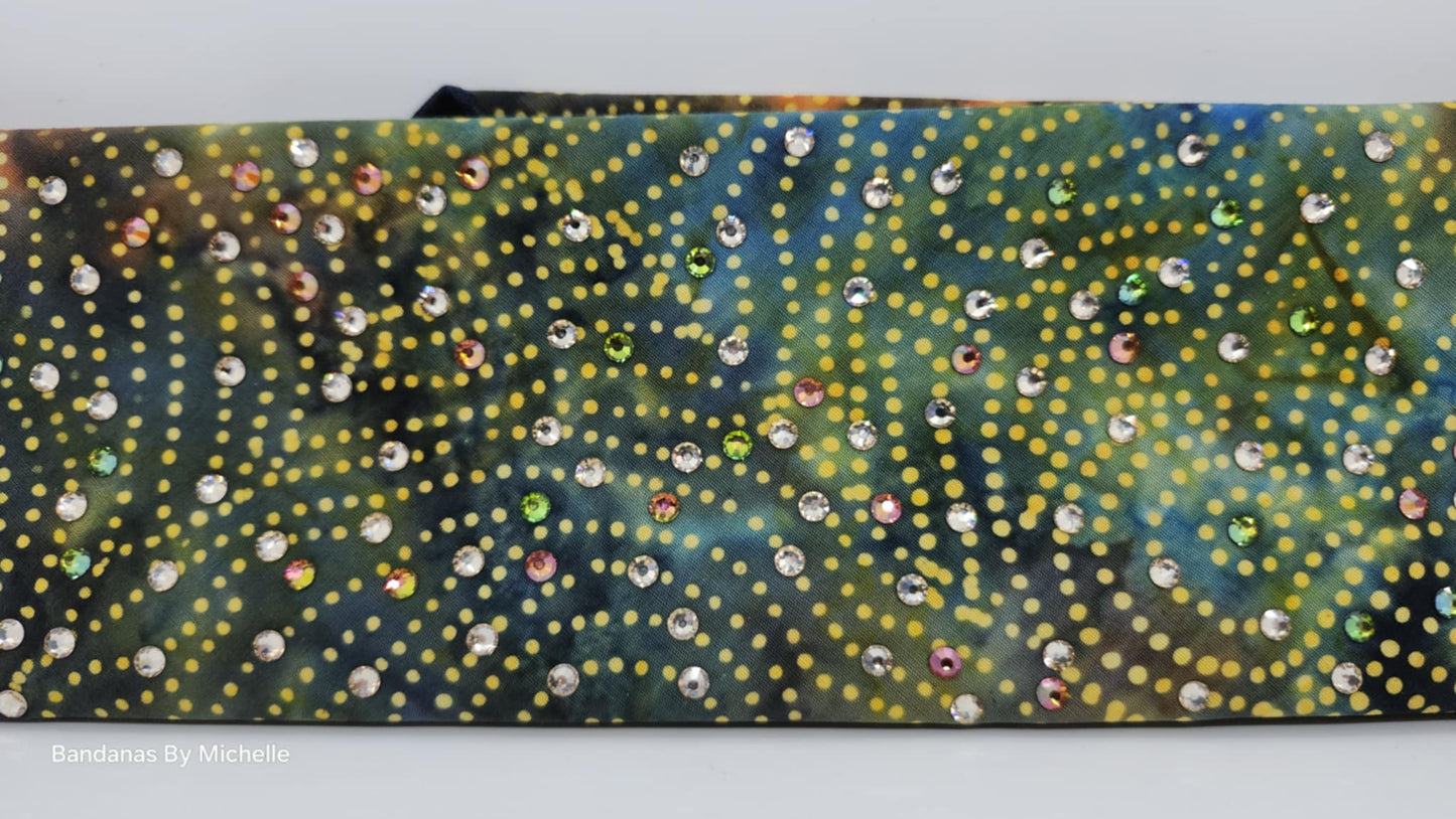 EXTRA BLING - Batik Green and Gold Dots Bandana with Honey, Lava and Vitrail Austrian Crystals (sku6359)