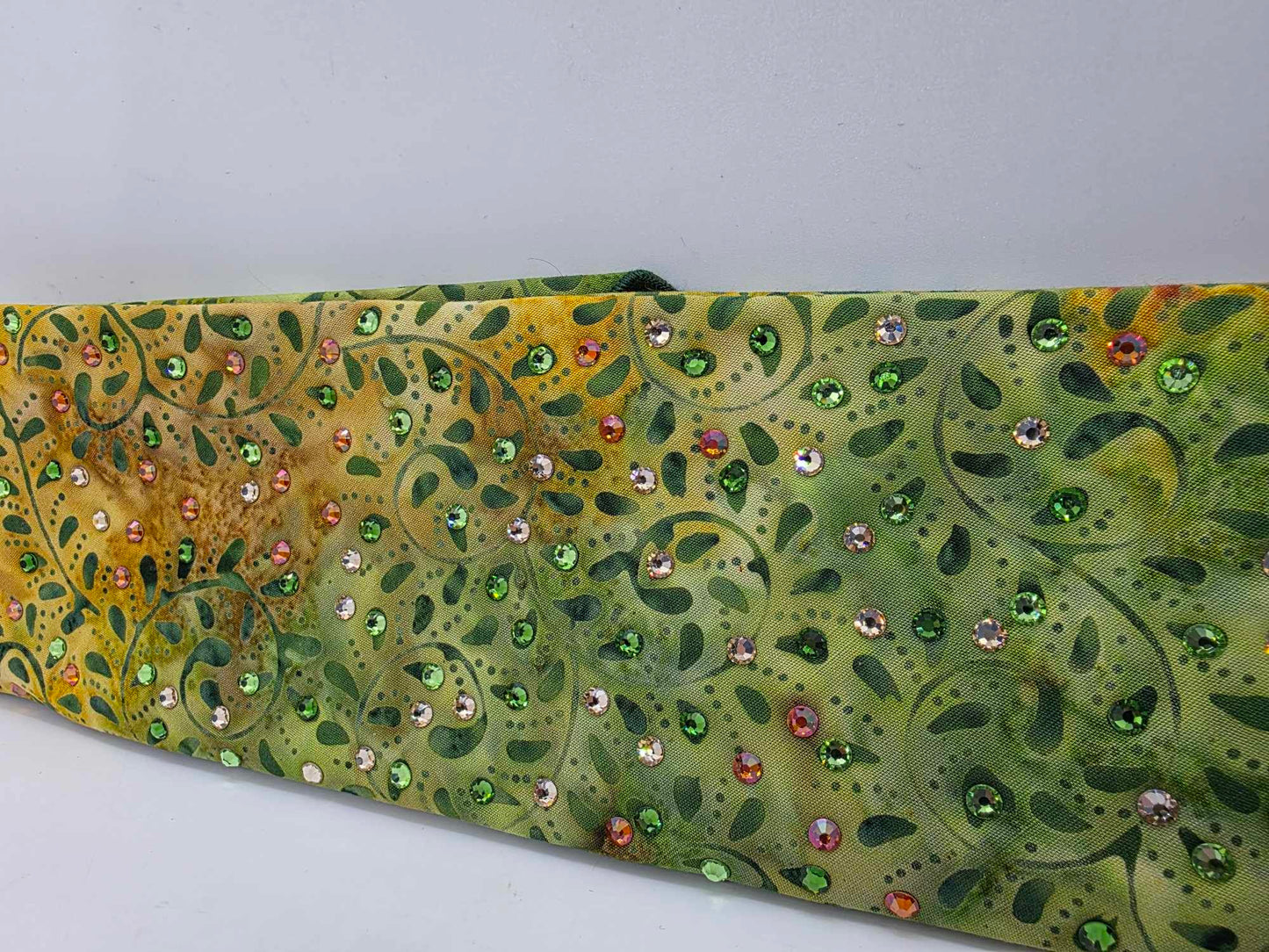 EXTRA BLING - Green Vines Batik Bandana with Lava, Dark Green and Honey Austrian Crystals (sku6362)