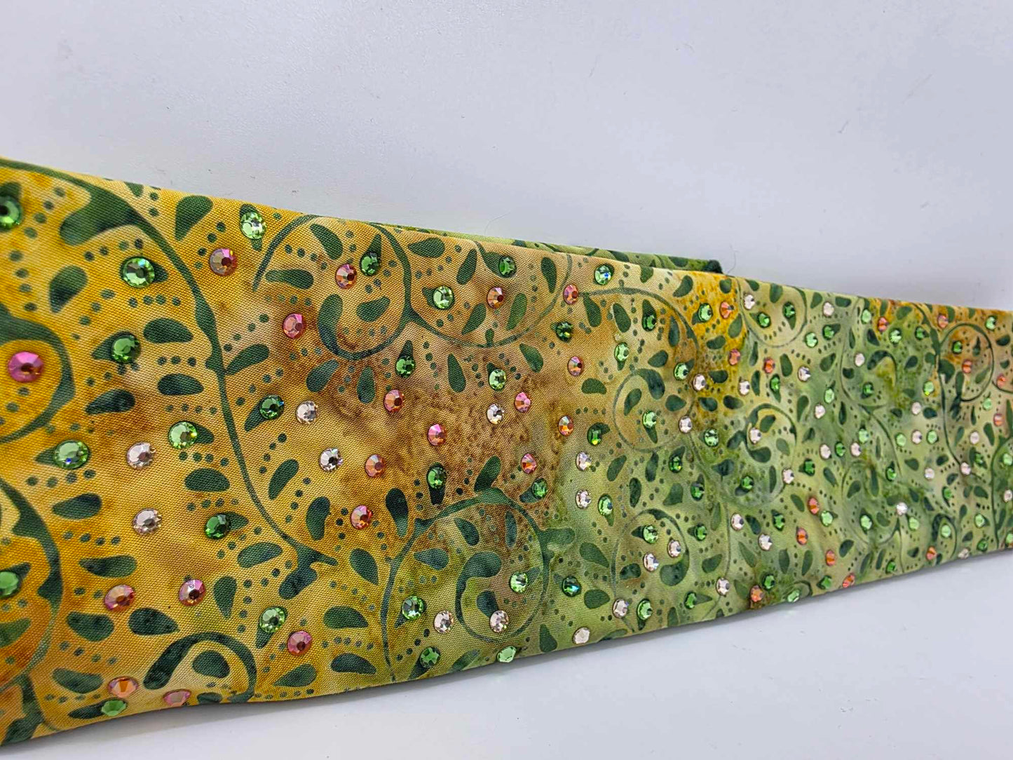 EXTRA BLING - Green Vines Batik Bandana with Lava, Dark Green and Honey Austrian Crystals (sku6362)