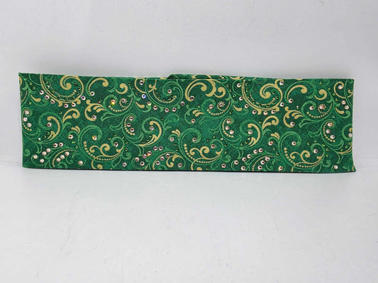 EXTRA BLING -Green and Gold Scrolls Bandana with Dark Green and Honey Austrian Crystals (sku6365)