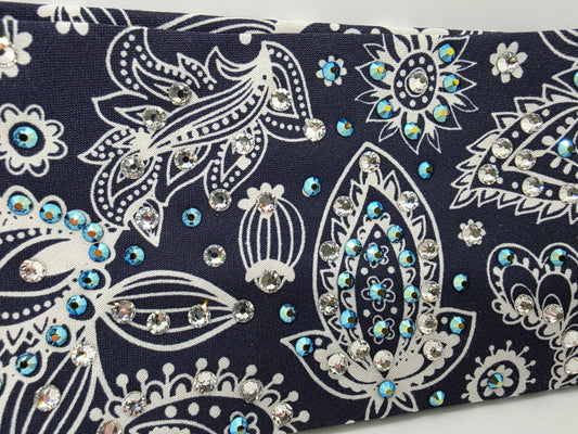 EXTRA BLING -Fancy Blue Paisley Bandana with Black Shimmer and Diamond Clear Austrian Crystals (sku6371)