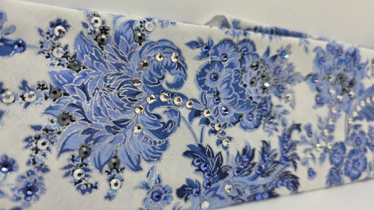 EXTRA BLING -Royal Blue Flowers Bandana with Chrome, Black, Blue/Violet and Diamond Clear Austrian Crystals (sku6375)