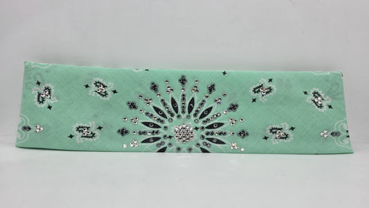 EXTRA BLING - Mint Paisley Bandana with Black and Diamond Clear Austrian Crystals (sku6376)