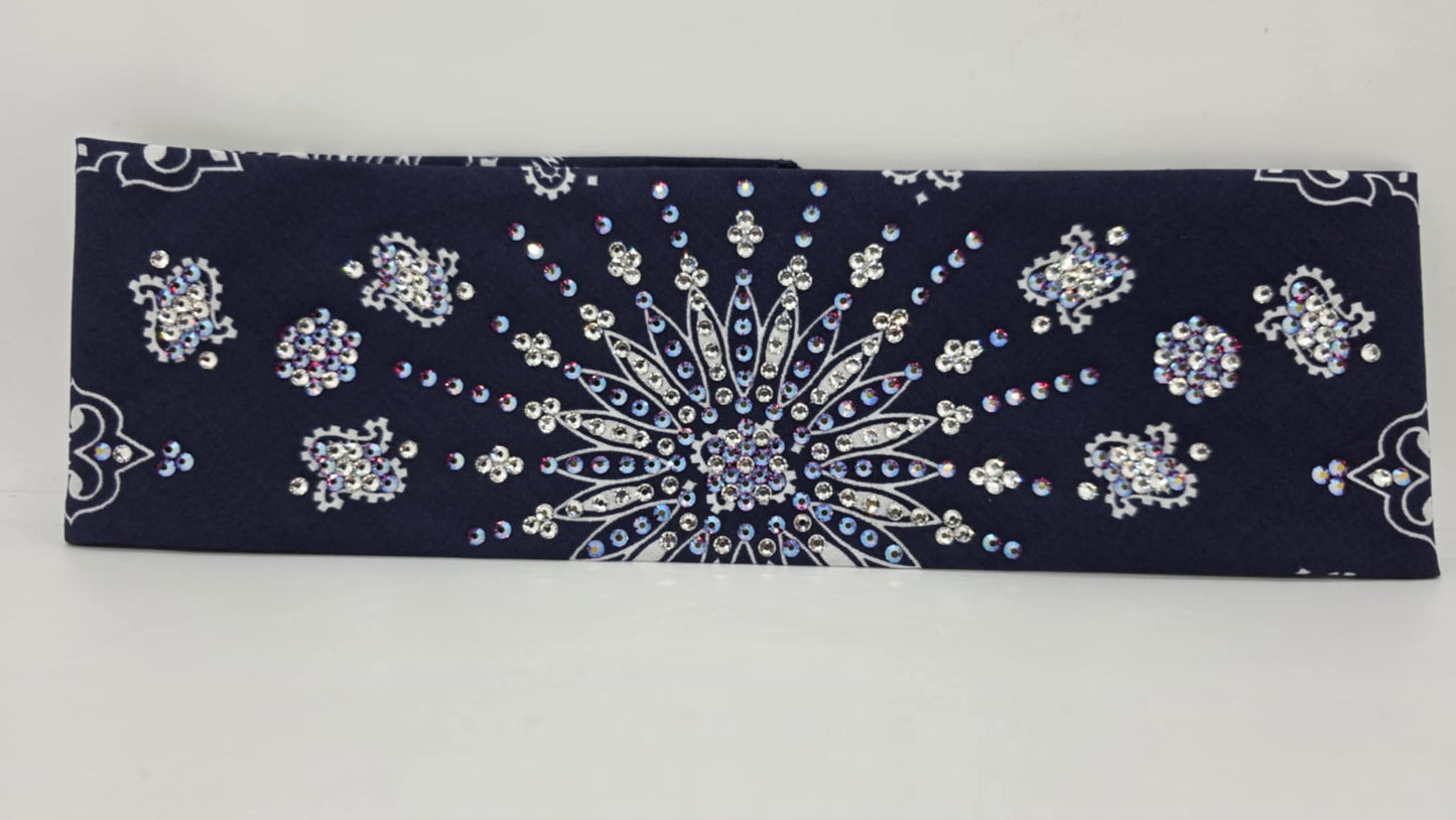 LeeAnnette Navy Paisley Bandana with Red Shimmer and Diamond Clear Austrian Crystals (sku40093)