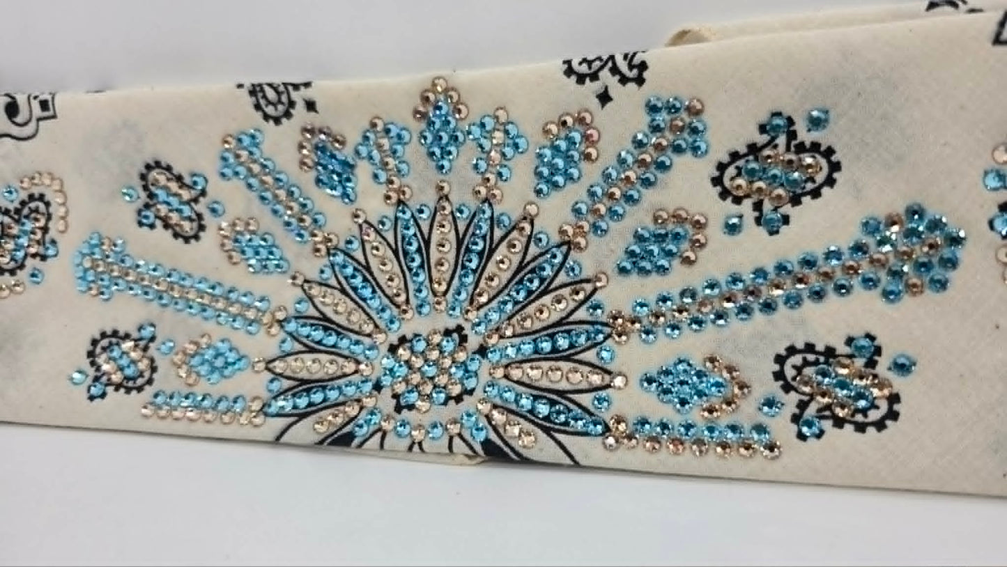 Super LeeAnnette Off White Paisley Bandana with Aqua and Honey Austrian Crystals (S48161)