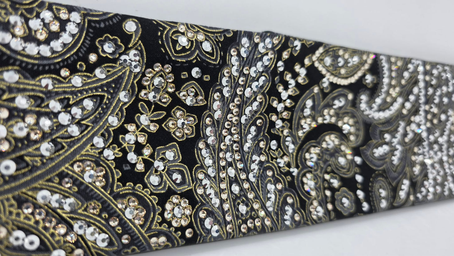 Super LeeAnnette Grey and Gold Paisley on Black Bandana with Chrome and Honey Austrian Crystals (S48127)