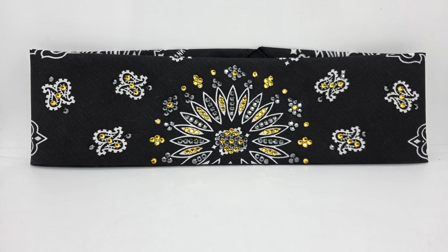 EXTRA BLING -Black Paisley Bandana with Golden Yellow and Black Austrian Crystals (E60110)