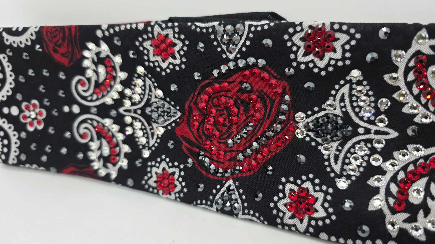 LeeAnnette Rose on Black Bandana with Red, Black and Diamond Clear Austrian Crystals (sku40110)