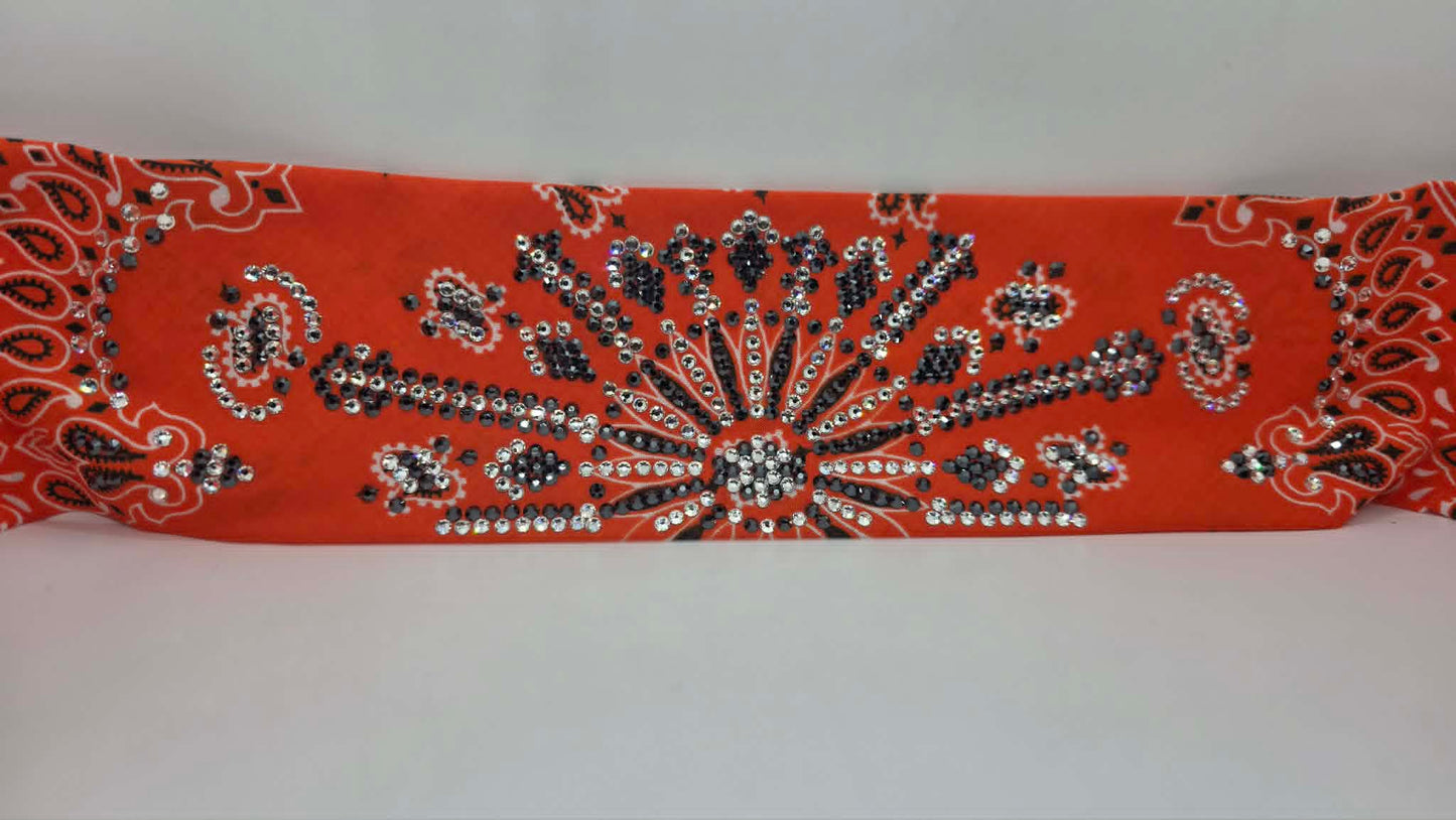 Super LeeAnnette Orange Paisley Bandana with Black and Diamond Clear Austrian Crystals (S48169)