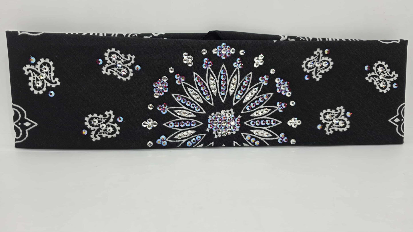 EXTRA BLING - Black Paisley Bandana with Red Shimmer and Diamond Clear Austrian Crystals (sku6424)