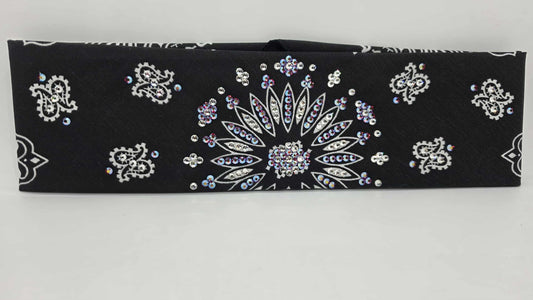 EXTRA BLING - Black Paisley Bandana with Red Shimmer and Diamond Clear Austrian Crystals (sku6424)