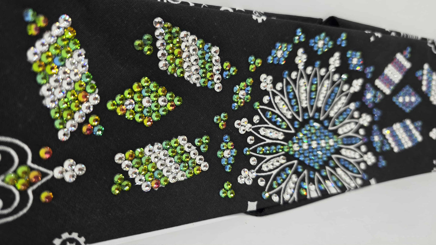 Super LeeAnnette Black Paisley Bandana with Vitrail and Diamond Clear Austrian Crystals (Sku4488)