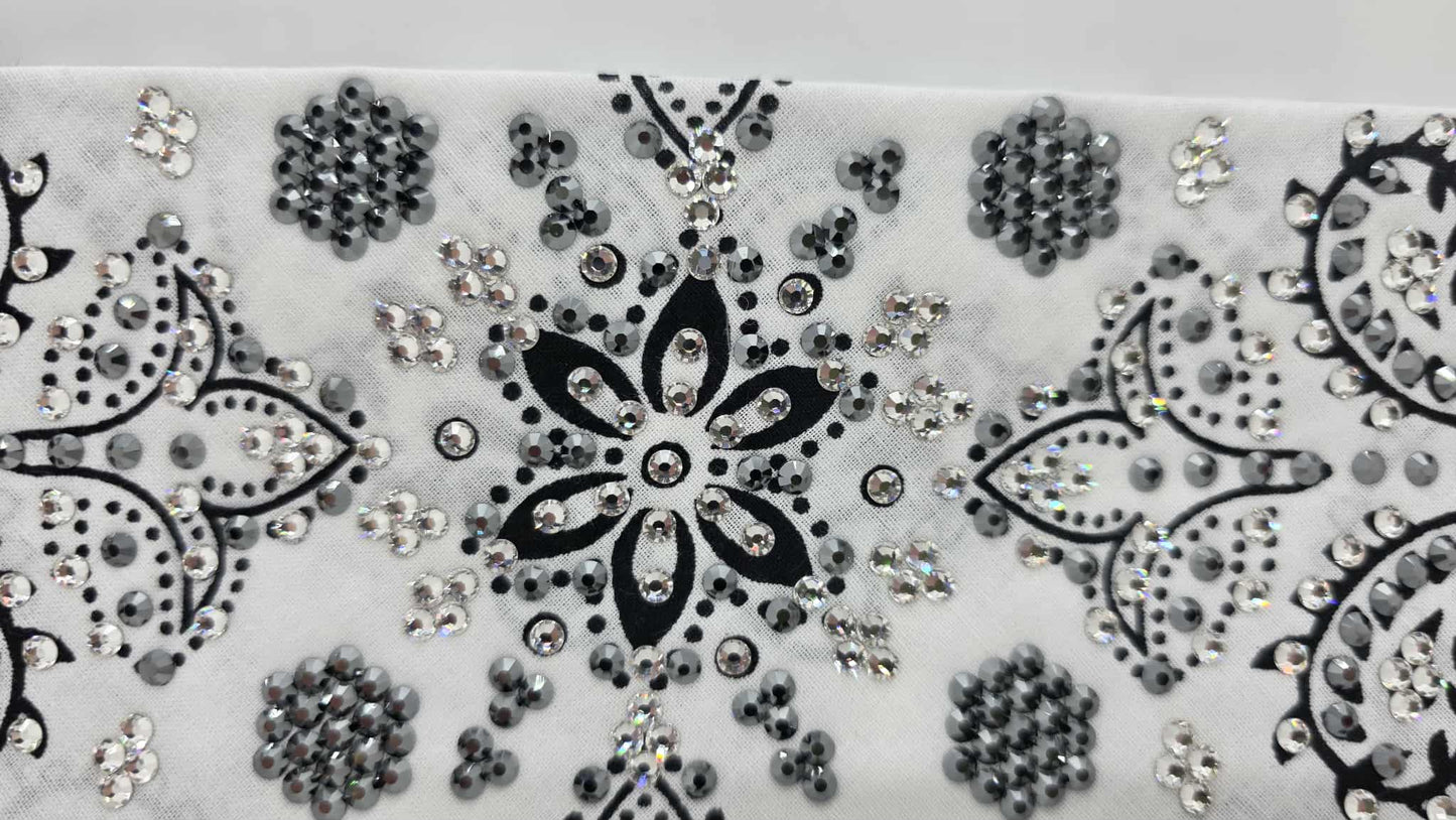 Super LeeAnnette White Black Flower Bandana with Black and Diamond Clear Austrian Crystals (sku40106)