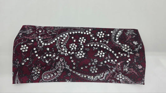 Stretchy Headband Wine Paisley with Clear Crystals (Sku5477)