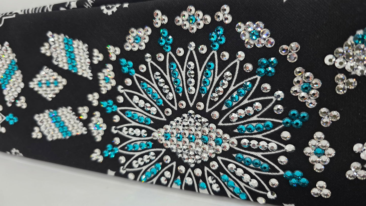 Super LeeAnnette Black Paisley Bandana with Chrome, Bright Blue and Diamond Clear Austrian Crystals (S48114)