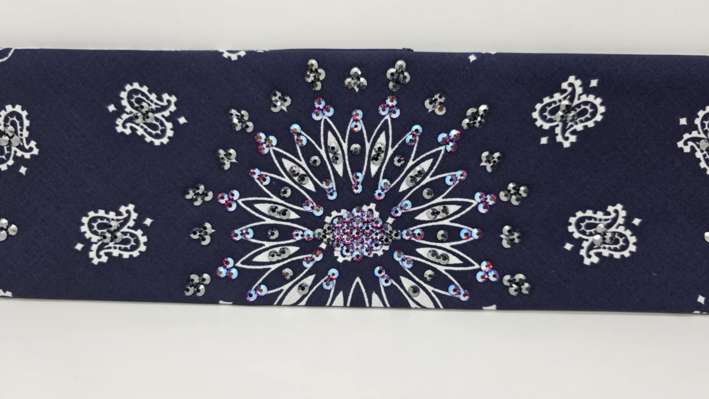 EXTRA BLING - Navy Paisley Bandana with Red Shimmer and Black Austrian Crystals (sku6394)