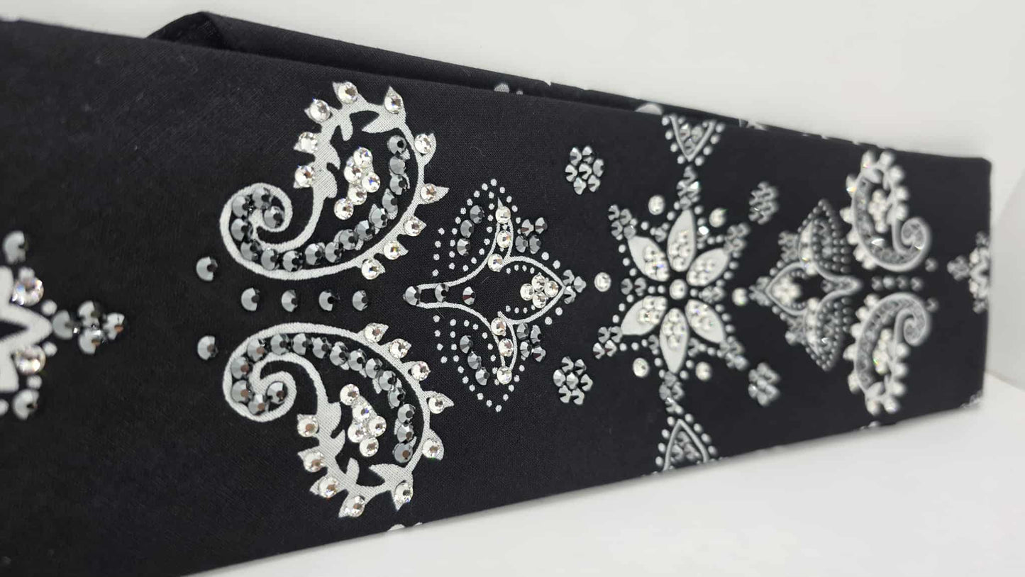 LeeAnnette Large Black Flower Bandana with Black and Diamond Clear Austrian Crystals (sku40103)