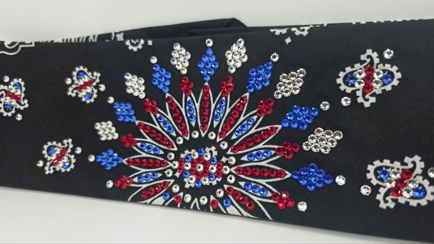 LeeAnnette Black Paisley Bandana with Red, Blue and Diamond Clear Austrian Crystals (L40261)