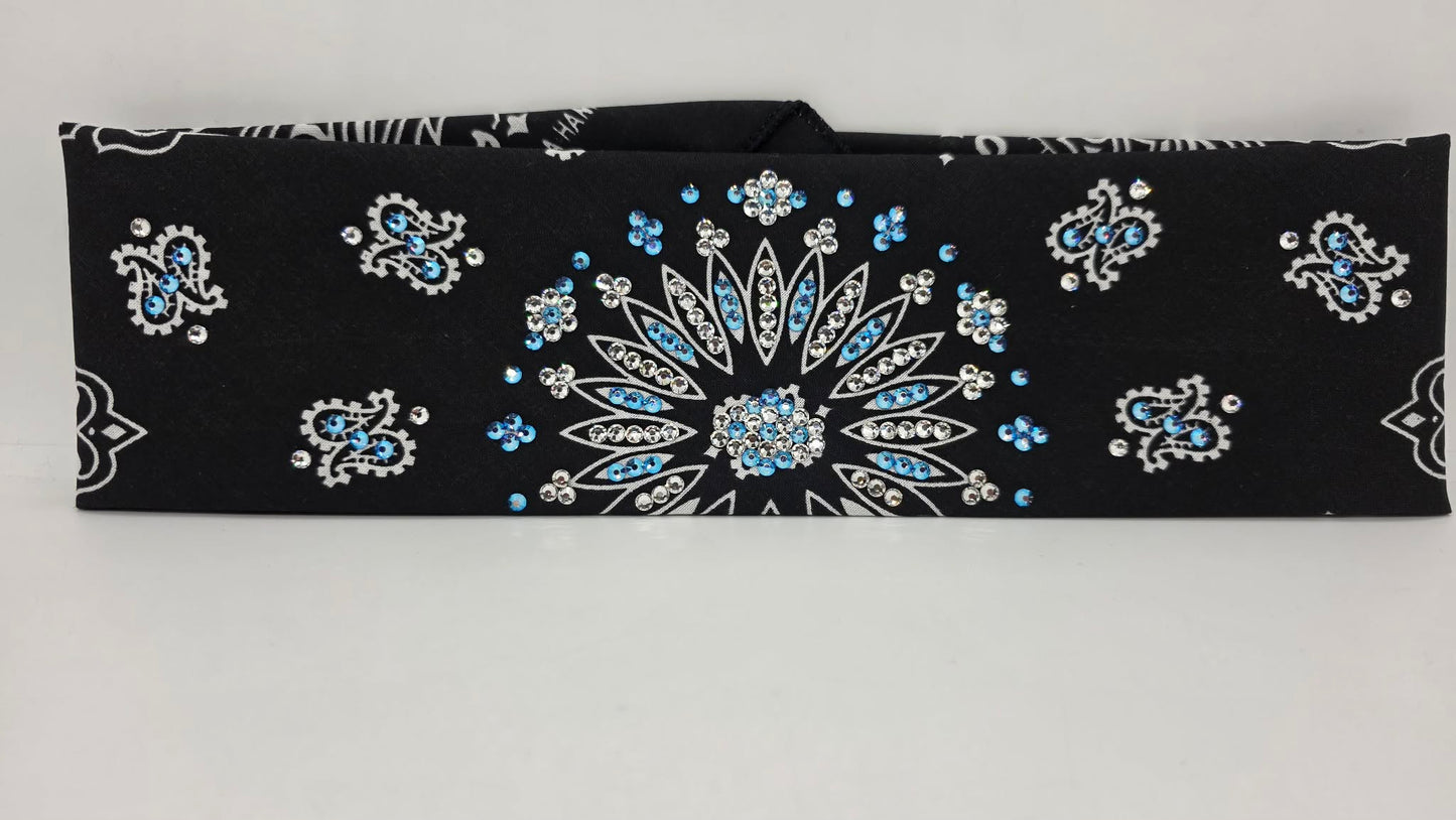 Black Paisley Bandana with Blue Violet Shimmer and Diamond Clear Austrian Crystals (E6425)
