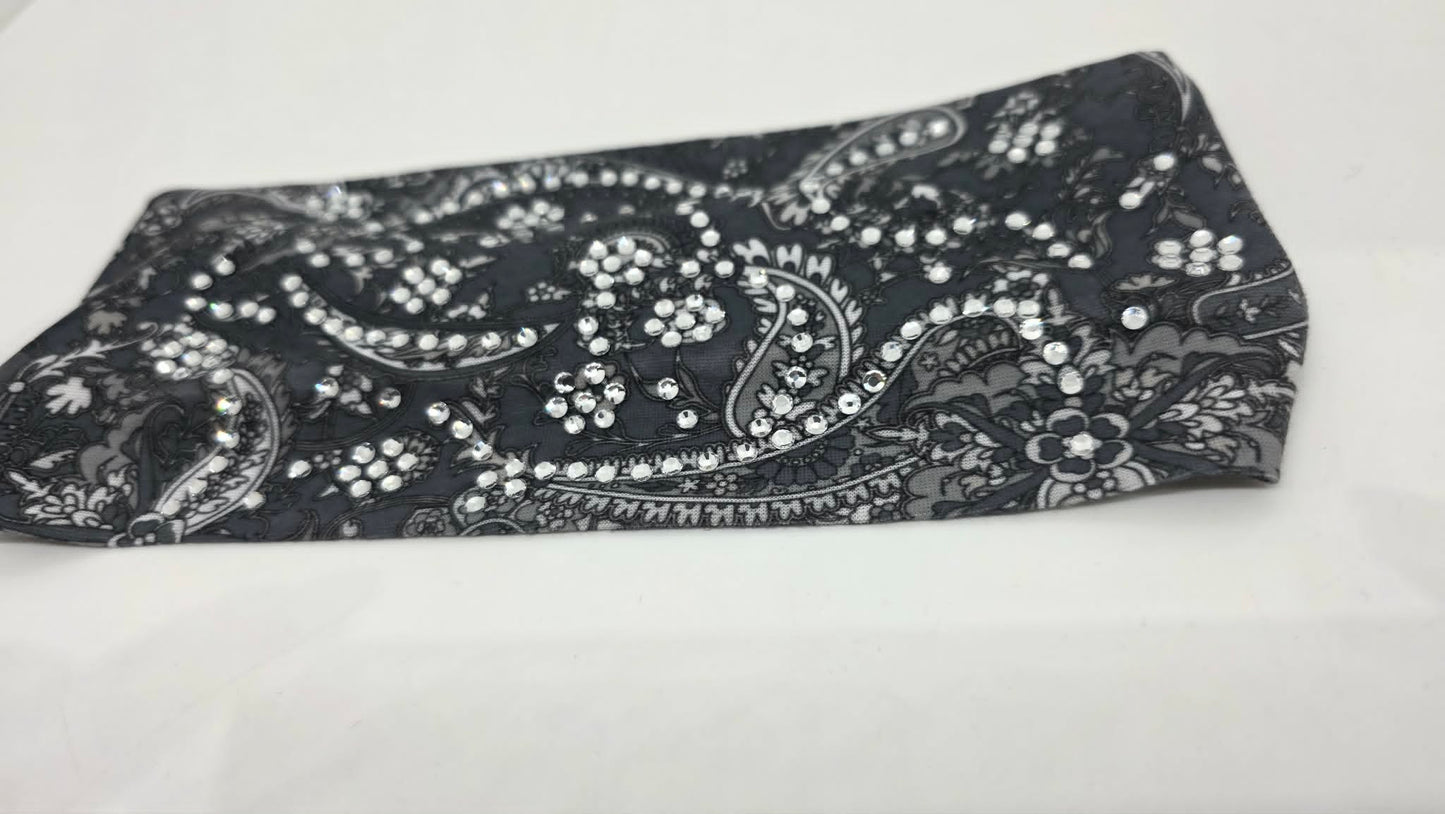 Stretchy Headband Grey Paisley with Clear Crystals (Sku5478)