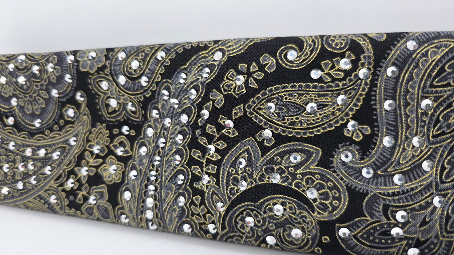 Grey and Gold Paisley on Black Bandana with Chrome Austrian Crystals (E60115)