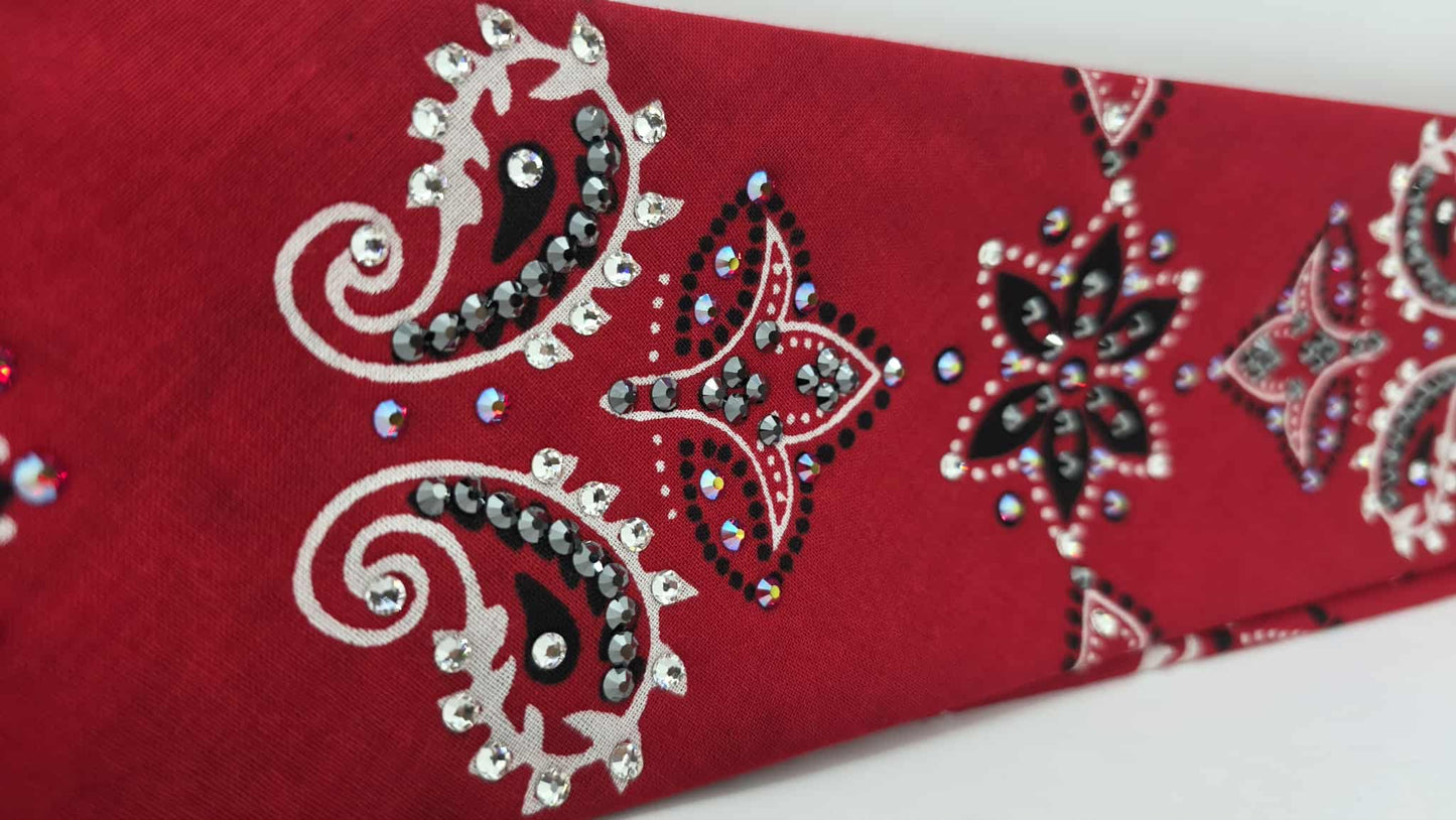 EXTRA BLING - Large Red Flower Bandana with Red Shimmer, Black and Diamond Clear Austrian Crystals (sku6401)