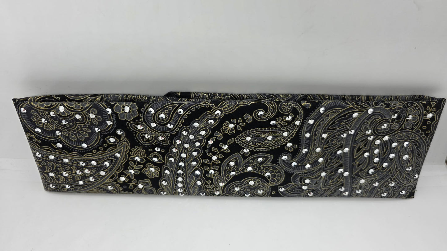 Grey and Gold Paisley on Black Bandana with Chrome Austrian Crystals (E60115)