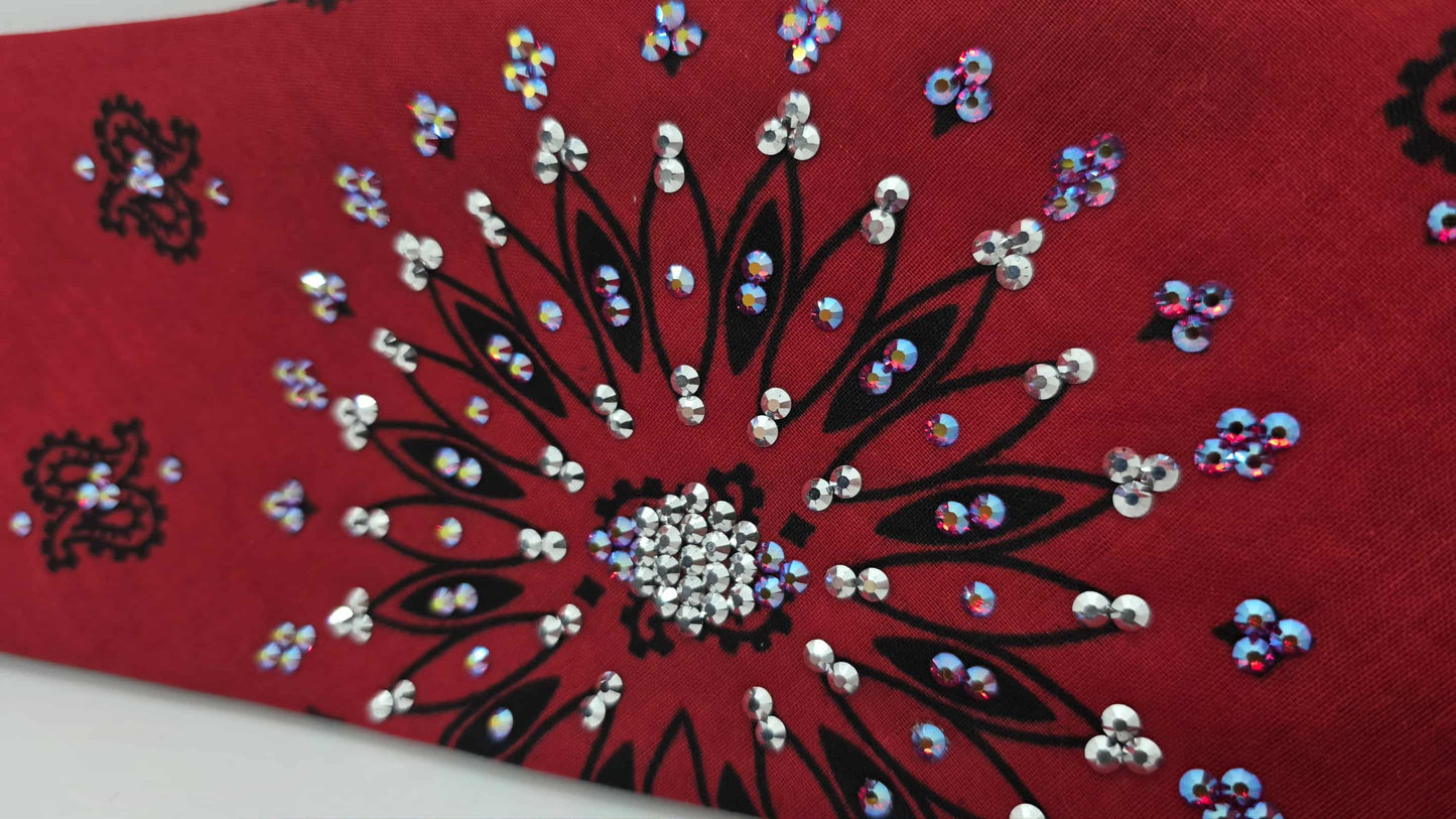 EXTRA BLING - Large Red Paisley Bandana with Red Shimmer and Chrome Austrian Crystals (sku6410)