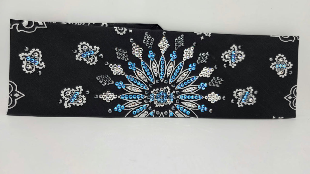 LeeAnnette Black Paisley Bandana with Blue Shimmer, Black and Diamond Clear Austrian Crystals (L40290)