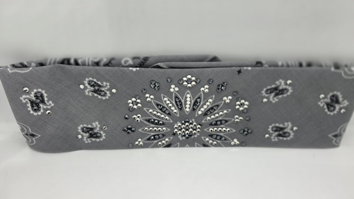Silver Paisley Bandana with Black and Diamond Clear Austrian Crystals (E60166)