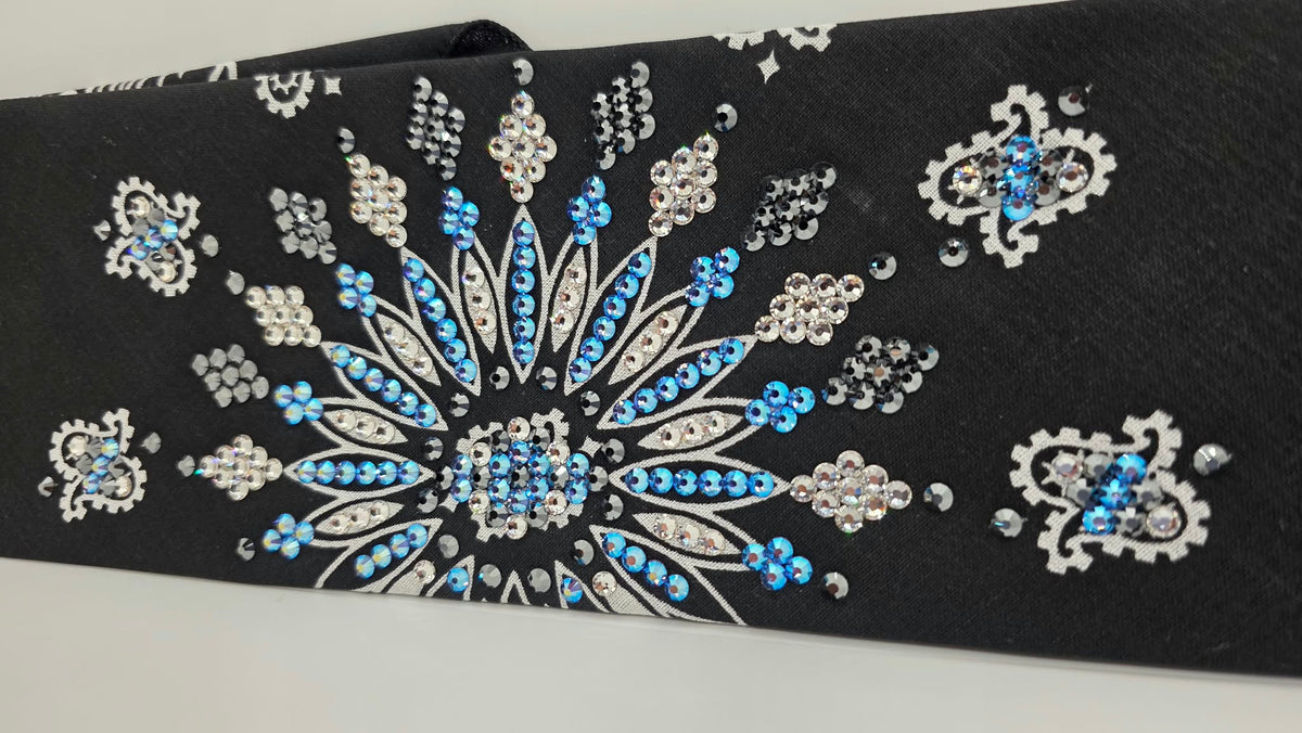 LeeAnnette Black Paisley Bandana with Blue Shimmer, Black and Diamond Clear Austrian Crystals (L40290)