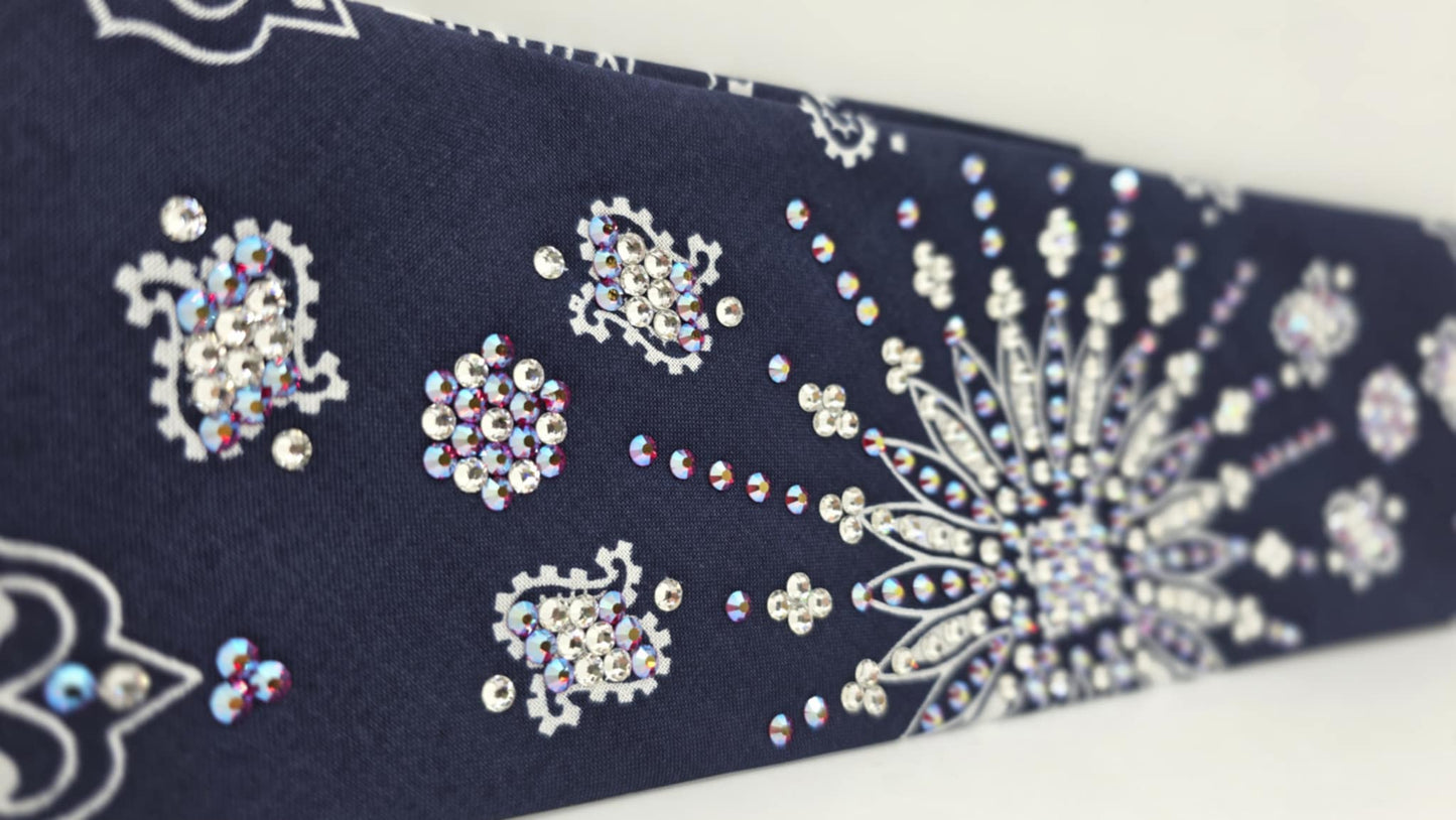 LeeAnnette Navy Paisley Bandana with Red Shimmer and Diamond Clear Austrian Crystals (sku40093)