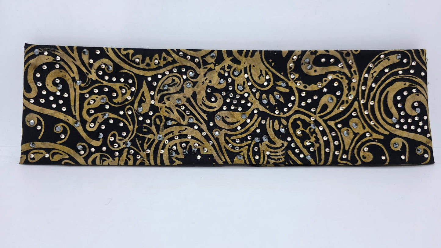 EXTRA BLING - Black and Gold Scroll Bandana with Honey and Black Austrian Crystals (E60107))